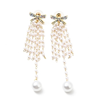 Crystal Rhinestone Dangle Stud Earrings with Imitation Pearl, Brass Long Tassel Earrings with 925 Sterling Silver Pins for Women, Light Gold, Bowknot Pattern, 87mm, Pin: 0.8mm