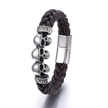 Leather Cord Bracelets, with 304 Stainless Steel Magnetic Clasp, Skull, Antique Silver & Stainless Steel Color, 8-5/8 inch(22cm), 13~17x6~9mm