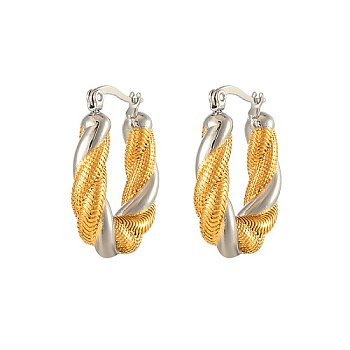 Two Tone 304 Stainless Steel Hoop Earrings for Women, Twist, Golden & Stainless Steel Color, 22.5mm