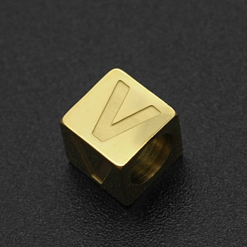 201 Stainless Steel European Beads, Large Hole Beads, Horizontal Hole, Cube, Golden, Letter.V, 7x7x7mm, Hole: 5mm