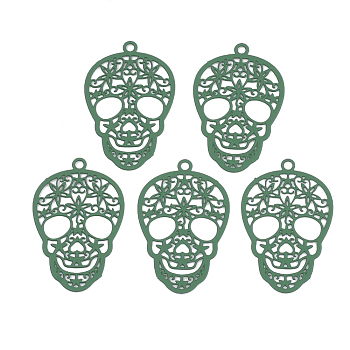 430 Stainless Steel Filigree Pendants, Spray Painted, Etched Metal Embellishments, Skull, Green, 23x15x0.5mm, Hole: 1.2mm