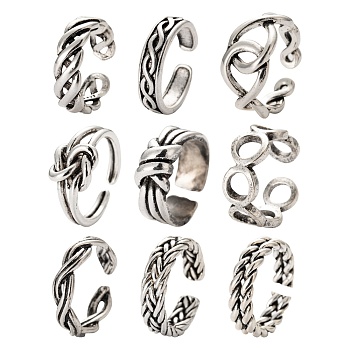 9Pcs 9 Style Alloy Cuff Finger Rings, Open Rings, Antique Silver, 5~12mm, Inner Diameter: 16~18mm, 1pc/style