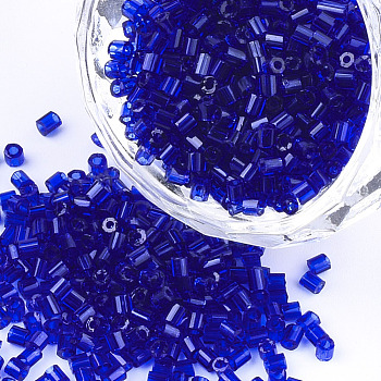 Grade A Glass Seed Beads, Hexagon(Two Cut), Transparent Colours, Blue, 1.5~2.5x1.5~2mm, Hole: 0.8mm, about 2100pcs/bag, 450g/bag