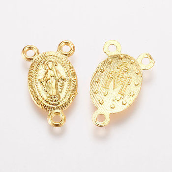 Tibetan Style Alloy Chandelier Component Links, 3 Loop Connectors, Rosary Center Pieces, Oval with Virgin Mary, Golden, 16.5x10x1mm, Hole: 1.5mm