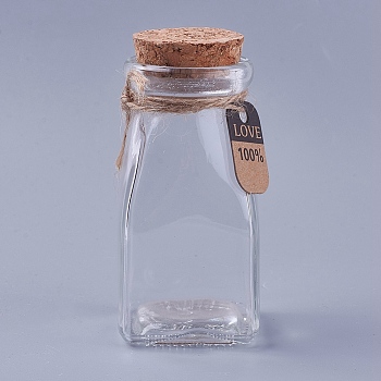 Glass Bottle, with Cork Stopper & Tags, Wishing Bottle, Square, Clear, 10.4x4.93cm, Capacity: 100ml(3.38 fl. oz), Bottleneck: 36.5mm in diameter