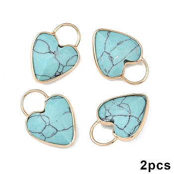 2Pcs Synthetic Turquoise Faceted Pendans, Golden Plated Brass Heart Charms, 23x18x7~7.5mm, Hole: 6x6.5mm
