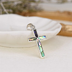 304 Stainless Steel Pave Natural Paua Shell Religion Cross Pendant Necklaces for Women, Stainless Steel Color, 17.72 inch(45cm)(FS-WG66782-01)