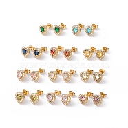 Cubic Zirconia & Rhinestone Heart Stud Earrings, Ion Plating(IP) 304 Stainless Steel Jewelry for Women, Golden, Mixed Color, 10x10mm, Pin: 0.6mm(EJEW-A080-03M-G)