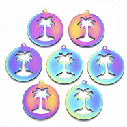 Ion Plating(IP) 201 Stainless Steel Pendants, Etched Metal Embellishments, Flat Round with Coconut Tree, Rainbow Color, 33x30x0.3mm, Hole: 2mm(STAS-R114-010)