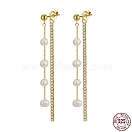Cubic Zirconia & Pearl Beaded Front Back Stud Earrings, 925 Sterling Silver Chain Tassel Earrings, with S925 Stamp, Golden, 60mm(EJEW-P231-21G)