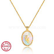 Natural White Shell Oval with Flower Pendant Necklace with 925 Sterling Silver Chains, Real 18K Gold Plated, 15.35 inch(39cm)(OK6796-2)