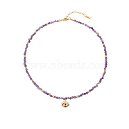 Stainless Steel Enamel Eye Pendant Necklaces, with Natural Amethyst Beaded Chains, Golden, 15.75 inch(40cm)(TE3373-3)