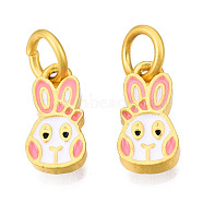 Alloy Enamel Charms, with Jump Rings, Matte Gold Color, Cadmium Free & Lead Free, Rabbit, Flamingo, 12.5x6x2mm, Jump Ring: 6x1mm, 4mm inner diameter(KK-N238-060A)