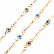 Handmade Brass Chains, with Enamel Acrylic Beads, Soldered, Spool, Evil Eye, Real 18K Gold Plated, Light Sky Blue, 12.5x1.5x1mm and 4x2x0.3mm, about 16.4 Feet(5m)/roll(CHC-S012-033B)