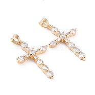 Brass Micro Pave Cubic Zirconia Pendants, Long-Lasting Plated, Cross, Clear, Real 18K Gold Plated, 32x20x4.5mm, Hole: 3x4mm(KK-F814-14G)