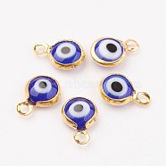 Lampwork Charms, with Brass Findings, Flat Round/Eye, Golden, Blue, 9.5~10x6.5x2.5mm, Hole: 1.5mm(KK-P092-02G-02)
