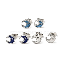 Enamel Crescent Moon with Star Stud Earrings with 316 Surgical Stainless Steel Pins, Stainless Steel Color Plated 304 Stainless Steel Jewelry for Women, Mixed Color, 8.5x8.5mm, Pin: 0.8mm(EJEW-A081-09P)