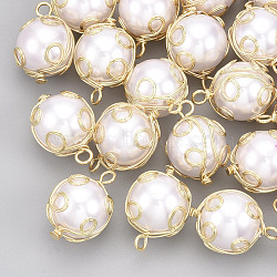 ABS Plastic Imitation Pearl Pendants, Wire Wrapped Pendants, with Brass Wires, Round, Real 18K Gold Plated, Lavender Blush, 18x13x12mm, Hole: 2mm(KK-S348-383)