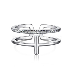 Rhodium Plated 925 Sterling Silver Cross Open Cuff Rings with Cubic Zirconia, with S925 Stamp, Real Platinum Plated, 8.3mm, US Size 7(17.3mm)(RJEW-F150-51P)