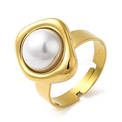 Vacuum Plating 304 Stainless Steel Twist Rhombus Adjustable Rings with ABS Imitation Pearl Beaded, Golden, US Size 7 1/4(17.5mm)(STAS-D089-24G)