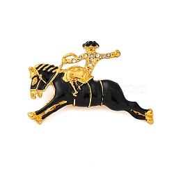 Zinc Alloy Crystal Rhinestone Brooch, Horse Black Enamel Pins, Golden, 30x45.5mm(JEWB-U010-04G-02)