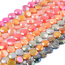 Electroplate Natural Freshwater Shell Beads Strands, Dyed, Flat Round, Mixed Color, 11.5x2.5~4mm, Hole: 0.8mm, about 34pcs/strand, 14.80 inch(37.6cm)(SHEL-T017-10)