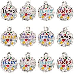 50Pcs Alloy Enamel Pendants, Flower with Word Lucky, Platinum, Mixed Color, 17x14x2mm, Hole: 1.5mm(ENAM-SC0007-75)