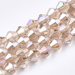 Electroplate Glass Beads Strands, AB Color Plated, Faceted, Bicone, Light Salmon, 6x5.5~6mm, Hole: 1mm, about 47~48pcs/strand, 10.83 inch(27.5cm)(X-EGLA-Q118-6mm-B10)