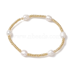 Oval Natural Cultured Freshwater Pearl & Glass seed Beaded Stretch Bracelets for Women, Gold, Inner Diameter: 2-5/8 inch(6.8cm)(BJEW-JB10536)