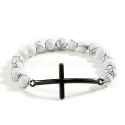 Natural Howlite Beaded Stretch Bracelets for Women Men, Cross, Inner Diameter: 7-1/4 inch(18.5cm)(MG9269-1)