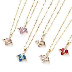 Heart with Cross Light Gold Brass Micro Pave Cubic Zirconia Pendant Necklaces, with Glass, Mixed Color, 15.98 inch(40.6cm)(NJEW-E105-12KCG)