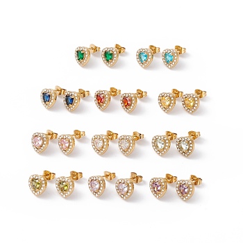 Cubic Zirconia & Rhinestone Heart Stud Earrings, Ion Plating(IP) 304 Stainless Steel Jewelry for Women, Golden, Mixed Color, 10x10mm, Pin: 0.6mm