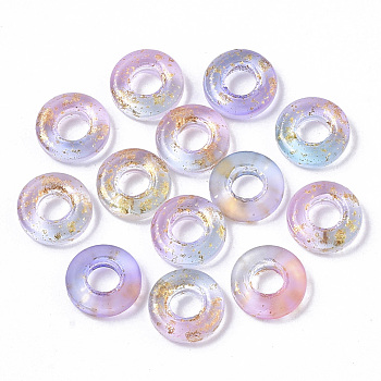 Transparent Spray Painted Glass European Beads, Large Hole Beads
, with Golden Foil, Donut, Lilac, 11x3mm, Hole: 4mm