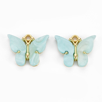 Rack Plating Alloy Pendants, with Acrylic, Cadmium Free & Lead Free, Light Gold, Butterfly, Pale Turquoise, 18.5x22.5x3mm, Hole: 2mm