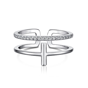 Rhodium Plated 925 Sterling Silver Cross Open Cuff Rings with Cubic Zirconia, with S925 Stamp, Real Platinum Plated, 8.3mm, US Size 7(17.3mm)