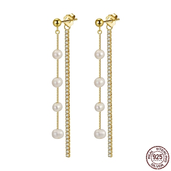 Cubic Zirconia & Pearl Beaded Front Back Stud Earrings, 925 Sterling Silver Chain Tassel Earrings, with S925 Stamp, Golden, 60mm