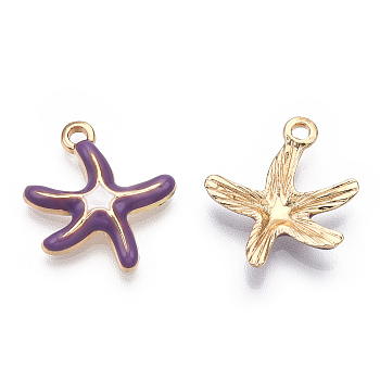 Alloy Enamel Pendants, Cadmium Free & Lead Free, Starfish Shape, Light Gold, Dark Orchid, 19.5x17x3.5mm, Hole: 1.6mm