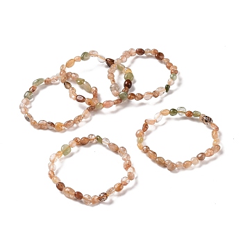 Natural Rutilated Quartz Bead Stretch Bracelets, Tumbled Stone, Nuggets, Inner Diameter: 2~2-1/4 inch(5.2~5.6cm)