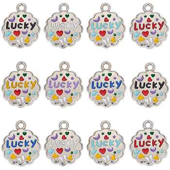 50Pcs Alloy Enamel Pendants, Flower with Word Lucky, Platinum, Mixed Color, 17x14x2mm, Hole: 1.5mm
