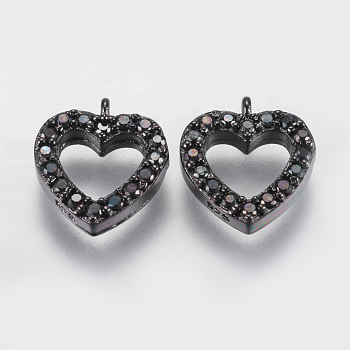 Brass Micro Pave Cubic Zirconia Charms, Hollow Heart, Black, Gunmetal, 10x9x2mm, Hole: 0.5mm