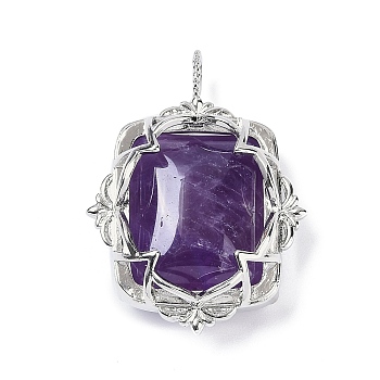 Natural Amethyst Pendants, Brass Flower Charms, Rack Plating, Long-Lasting Plated, Lead Free & Cadmium Free, Platinum, 36x26.5x11mm, Hole: 3x4.5mm