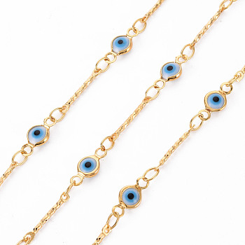 Handmade Brass Chains, with Enamel Acrylic Beads, Soldered, Spool, Evil Eye, Real 18K Gold Plated, Light Sky Blue, 12.5x1.5x1mm and 4x2x0.3mm, about 16.4 Feet(5m)/roll