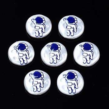 3D Printed ABS Plastic Imitation Pearl Beads, Flat Round with Astronauts, Blue, 18x5.5mm, Hole: 0.8~1.2mm