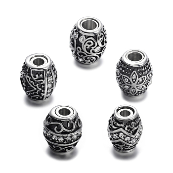 Mixed Shape Retro Carve 304 Stainless Steel Rhinestone Barrel Magnetic Clasps with Glue-in Ends, Antique Silver, Crystal, 12~13x10.5~11mm, Hole: 3~4mm