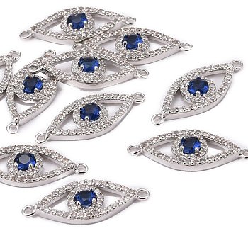 CZ Brass Micro Pave Cubic Zirconia Links, Cadmium Free & Nickel Free & Lead Free, Eye, Blue, Real Platinum Plated, 10x24x2mm, Hole: 1mm