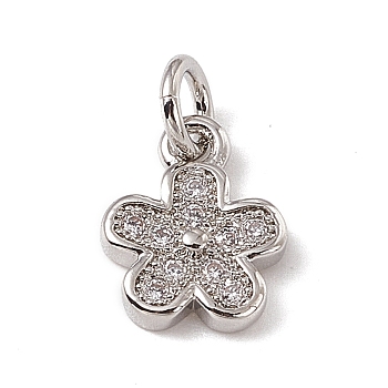 Brass Micro Pave Cubic Zirconia Charms, with Jump Rings, Flower Charm, Platinum, 9.5x7.5x1.5mm, Hole: 3mm 