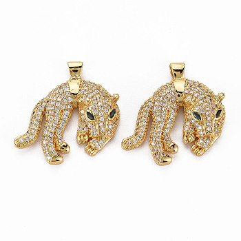 Brass Micro Pave Clear Cubic Zirconia Pendants, Nickel Free, Leopard, Real 18K Gold Plated, 25x25x5.5mm, hole: 3.5x2.5mm
