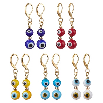 Golden Brass Leverback Earrings, Glass Evil Eye Drop Earrings for Women, Mixed Color, 46x9.5mm