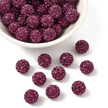 Pave Disco Ball Beads, Polymer Clay Rhinestone Beads, Grade A, Fuchsia, PP13(1.9~2mm), 10mm, Hole: 1mm