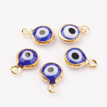 Lampwork Charms, with Brass Findings, Flat Round/Eye, Golden, Blue, 9.5~10x6.5x2.5mm, Hole: 1.5mm